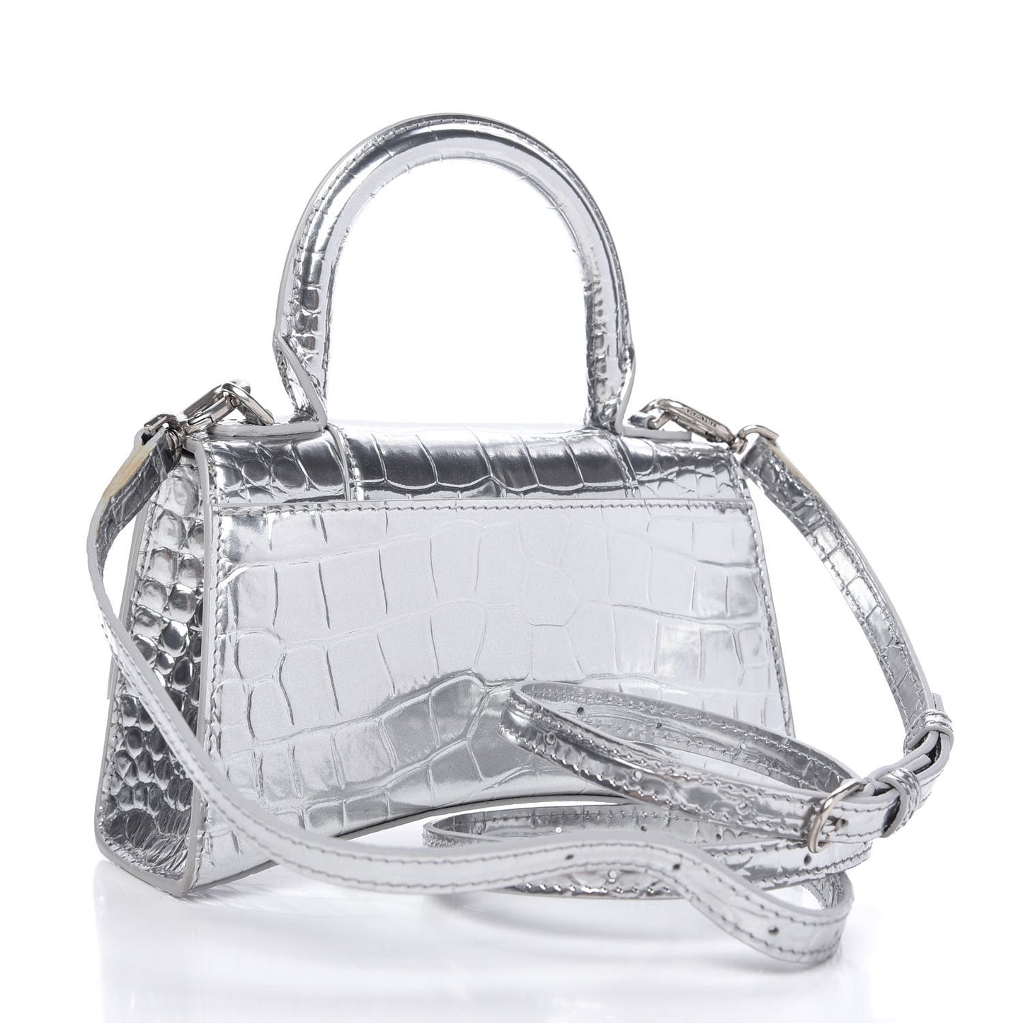 Metallic Calfskin Crocodile Embossed Hourglass Top Handle Bag XS Silver