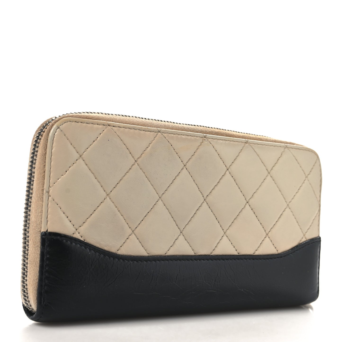 Aged Calfskin Quilted Large Gabrielle Zip Around Wallet Beige Black