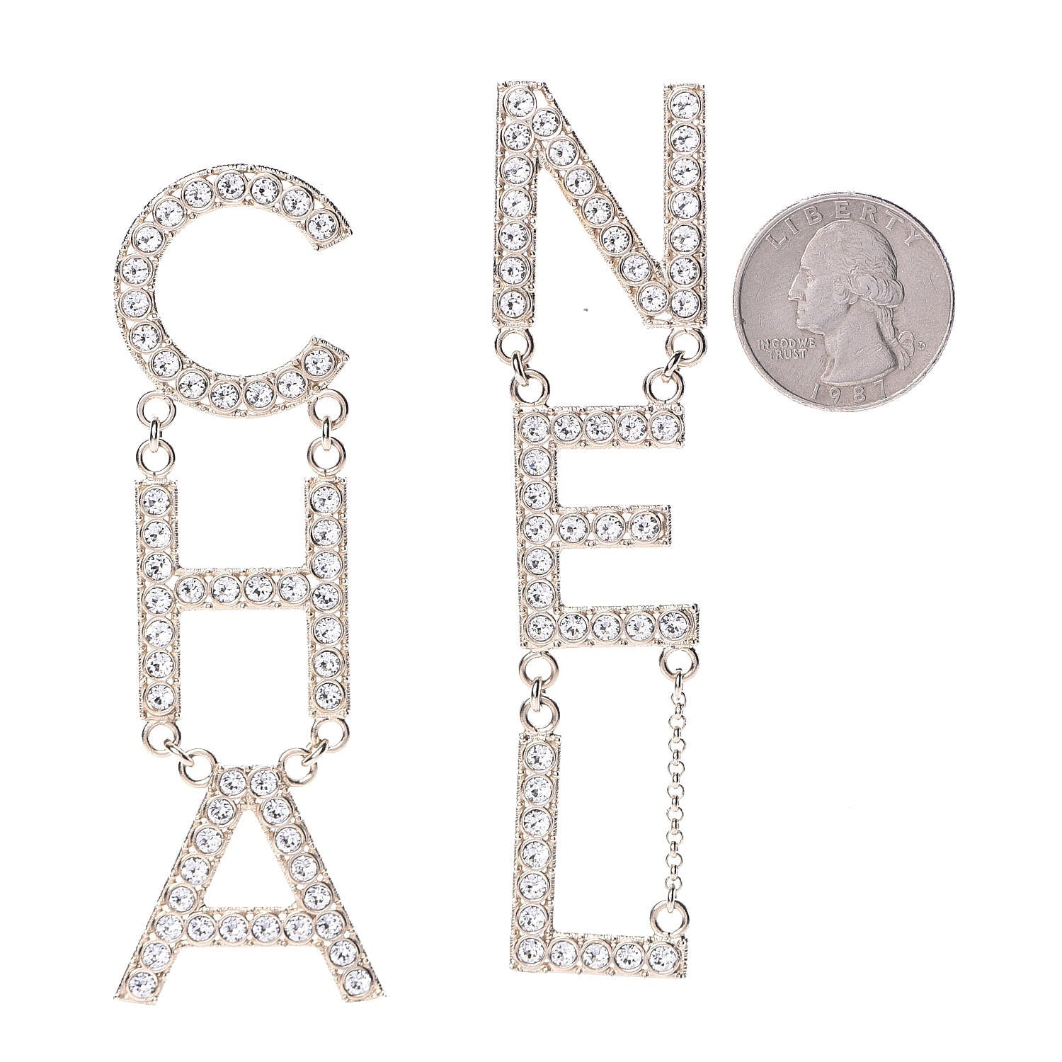 Chanel Crystal Cha-Nel Logo Drop Earrings Gold 2 of 5