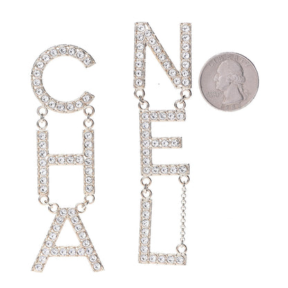 Chanel Crystal Cha-Nel Logo Drop Earrings Gold 2 of 5