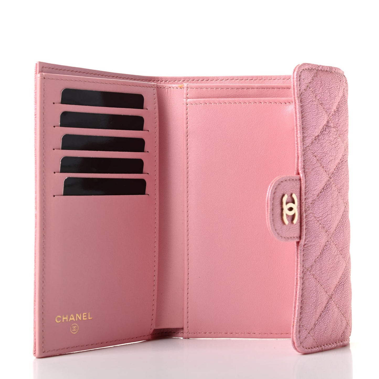 Iridescent Caviar Quilted Medium Flap Wallet Rose Pink
