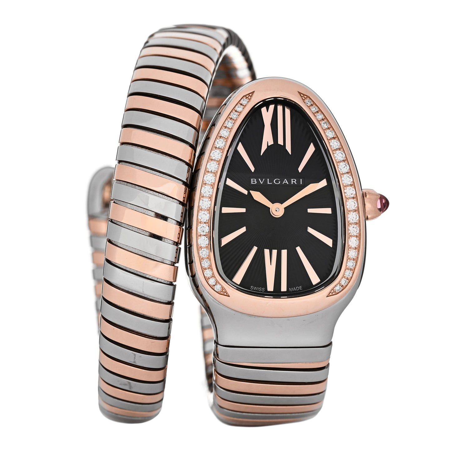 Stainless Steel 18K Rose Gold Diamond Bezel 35mm Serpenti Tubogas Quartz Watch Black
