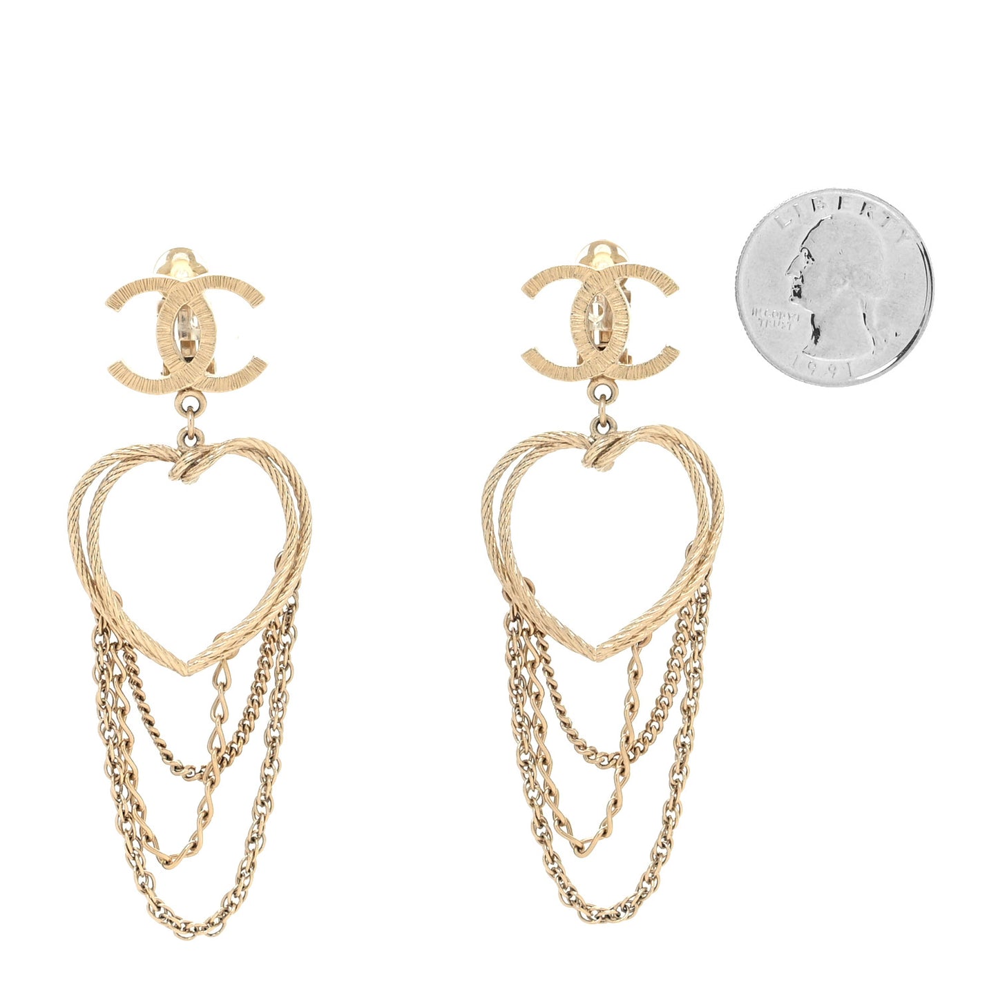 CC Heart Chain Drop Clip On Earrings Gold