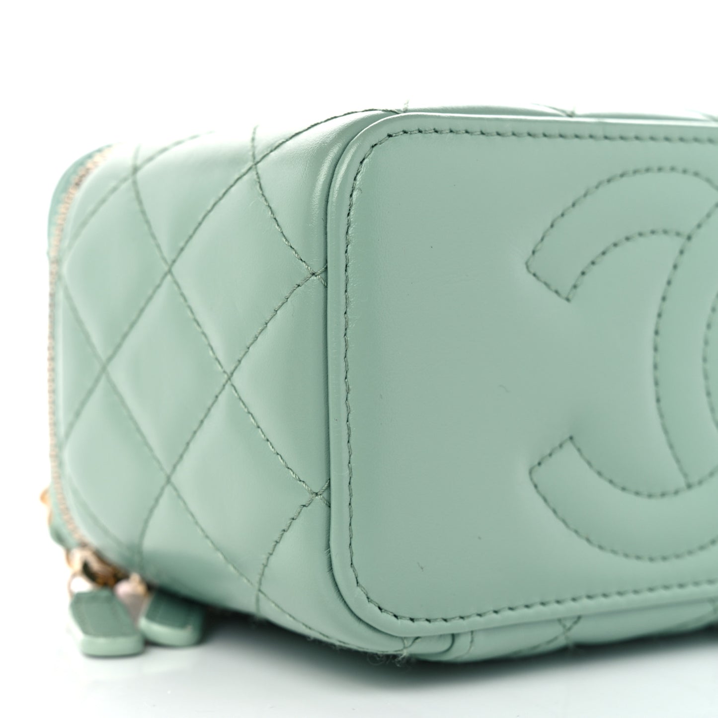 Shiny Calfskin Quilted Small Top Handle Vanity Case With Chain Light Green