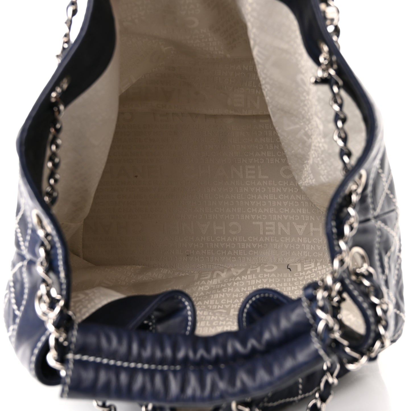 Lambskin Contrast Stitch Large Drawstring Tote Navy