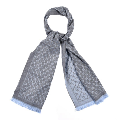 Gucci Wool GG Monogram Reversible New Sten Fringe Scarf Flannel Sky Blue 1 of 5