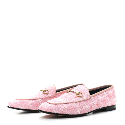 Gucci Wool Tweed Horsebit Womens Jordaan Loafers 40.5 Pink White Perfect Pink 3 of 8