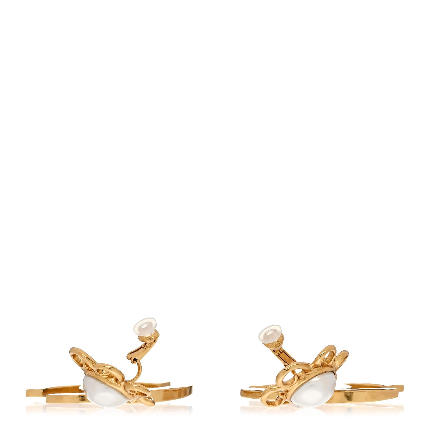 Metal Enamel Pearl CC Drop Earrings Gold White