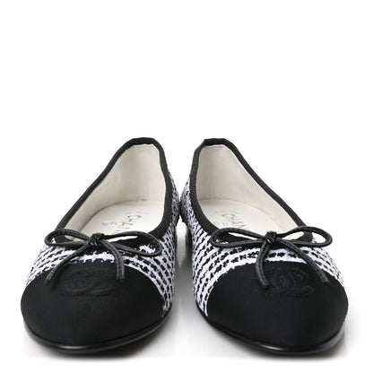 Chanel Tweed Sequin Grosgrain Cap Toe Ballerina Flats 36.5 Black White 3 of 10