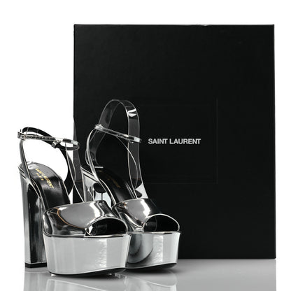 Saint Laurent Metallic Patent Sexy 95 Tanouk Platform Sandals 37 Argento 13 of 13