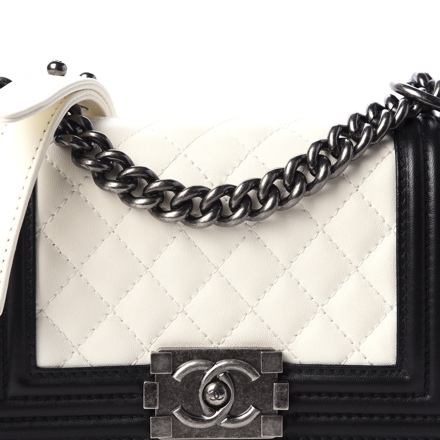 Calfskin Quilted Small Boy Flap Black Ivory