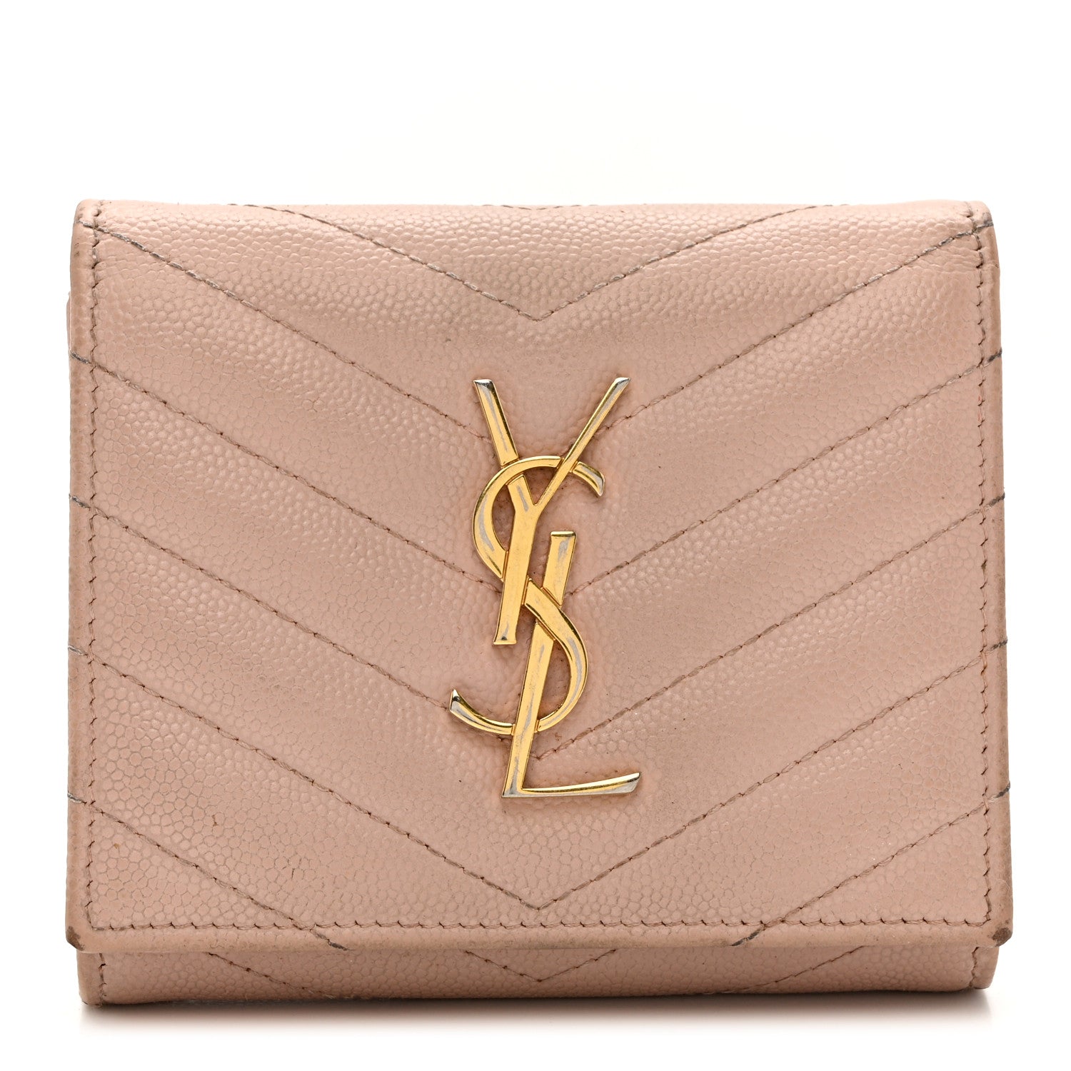 Saint Laurent Grain De Poudre Matelasse Chevron Monogram Compact Wallet Pink 1 of 10
