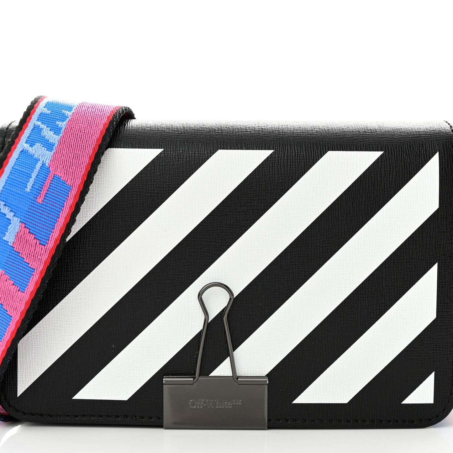Saffiano Striped Mini Diag Binder Clip Bag Black White Indus