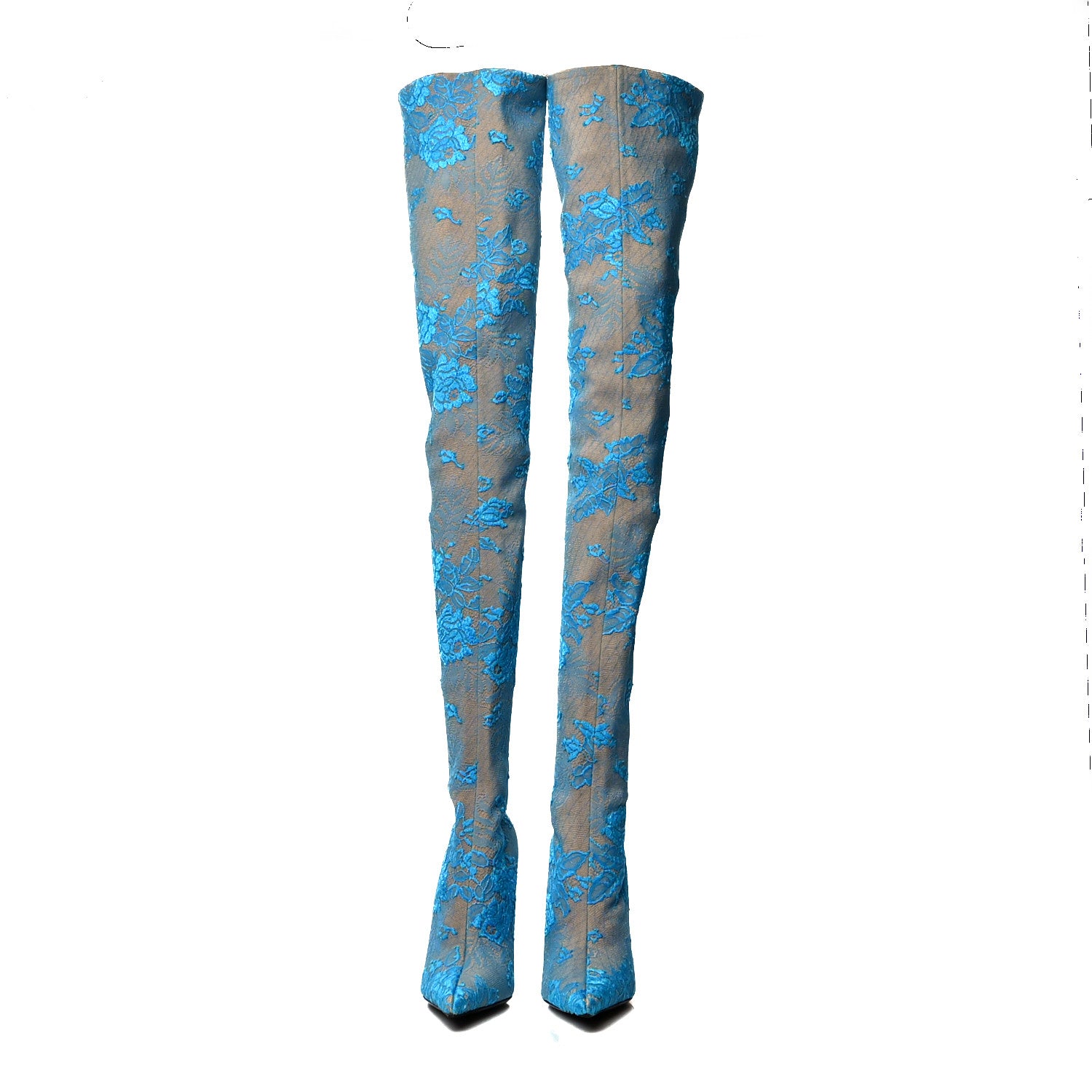 Balenciaga Lace Spandex Pointed Toe Knife Thigh High Boots 37 Blue Beige 2 of 6