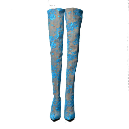 Balenciaga Lace Spandex Pointed Toe Knife Thigh High Boots 37 Blue Beige 2 of 6