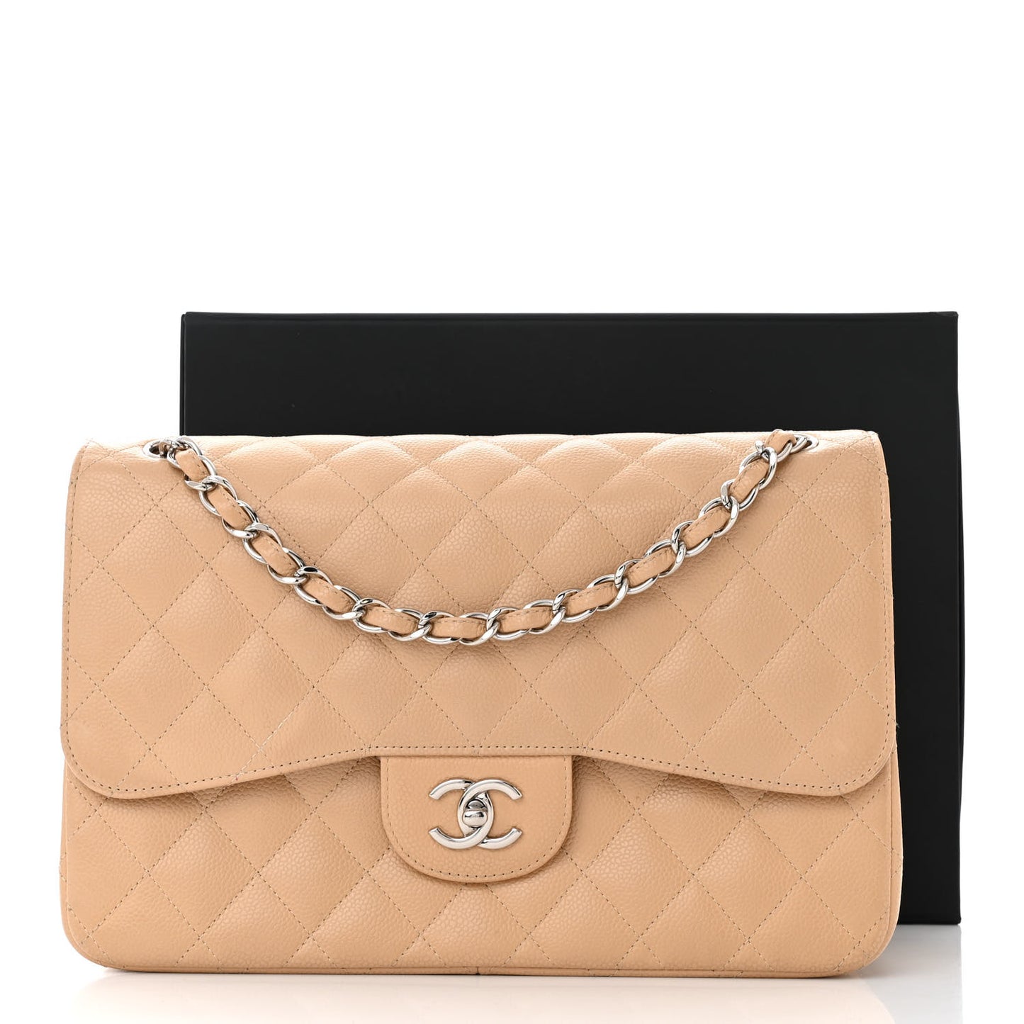 Caviar Quilted Jumbo Double Flap Beige