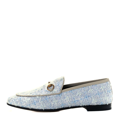 Gucci Wool Tweed Horsebit Womens Jordaan Loafers 9 Light Blue White Mystic White 1 of 10