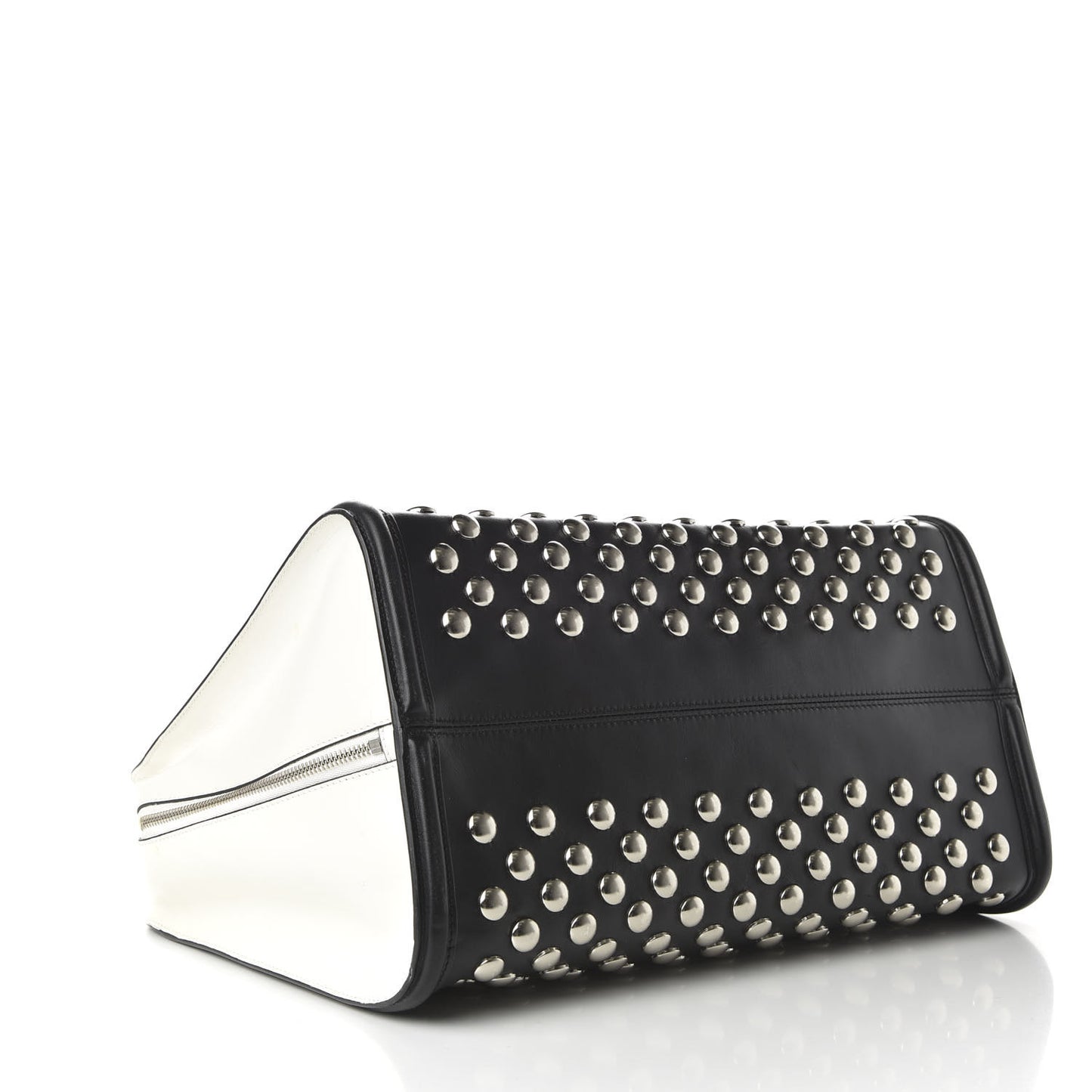 Calfskin Large Studded Padlock Zip Around Tote Black White