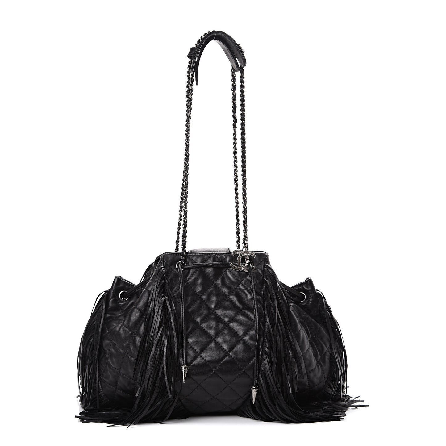 Lambskin Quilted Western Baluchon Fringe Bag Black
