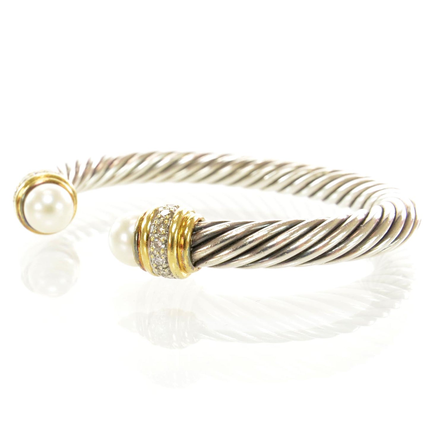Sterling Silver and 18k Gold Diamond Pearl Cable Cuff
