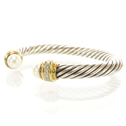 David Yurman Sterling Silver and 18k Gold Diamond Pearl Cable Cuff 4 of 6