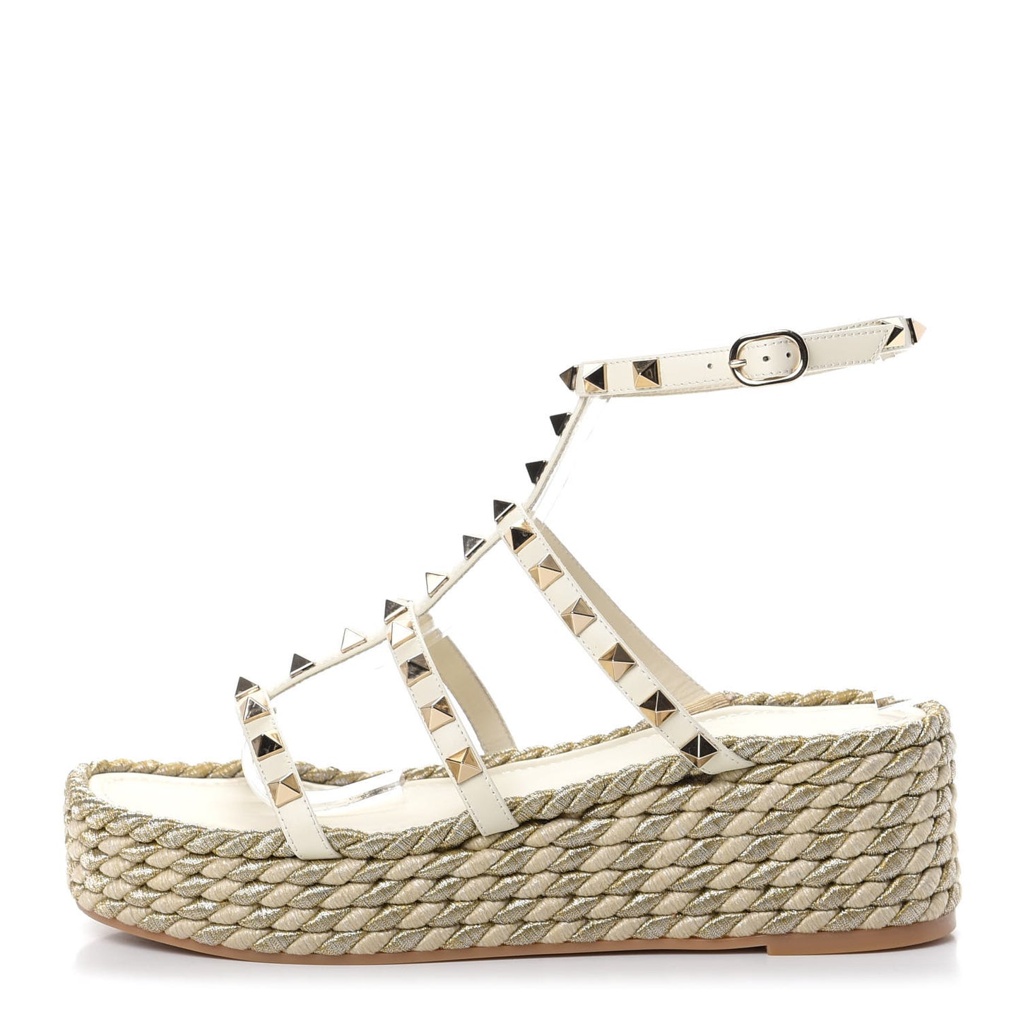 Calfskin Rockstud Ankle Strap Torchon Espadrille Caged 30/55mm Sandals 38 Light Ivory