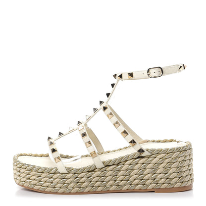 Valentino Garavani Calfskin Rockstud Ankle Strap Torchon Espadrille Caged 30/55mm Sandals 38 Light Ivory 1 of 11