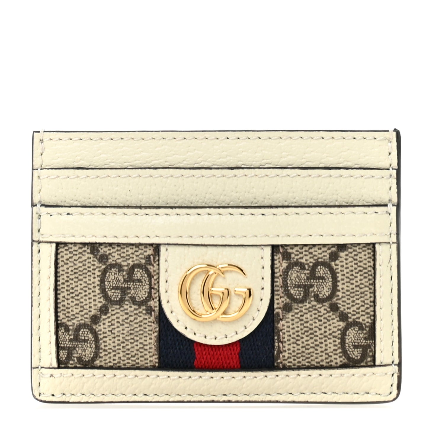 GG Supreme Monogram Textured Calfskin Web Ophidia Card Holder Beige Ebony Mystic White
