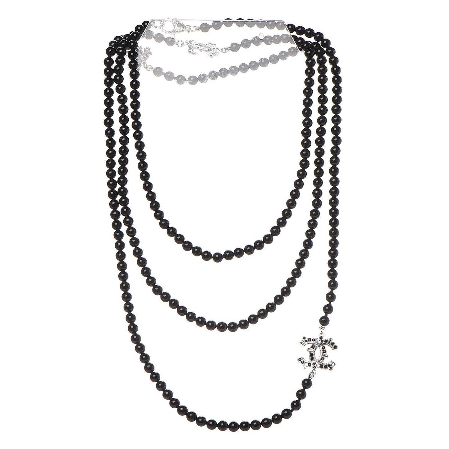 Baguette Crystal Beaded CC Long Necklace Black Silver