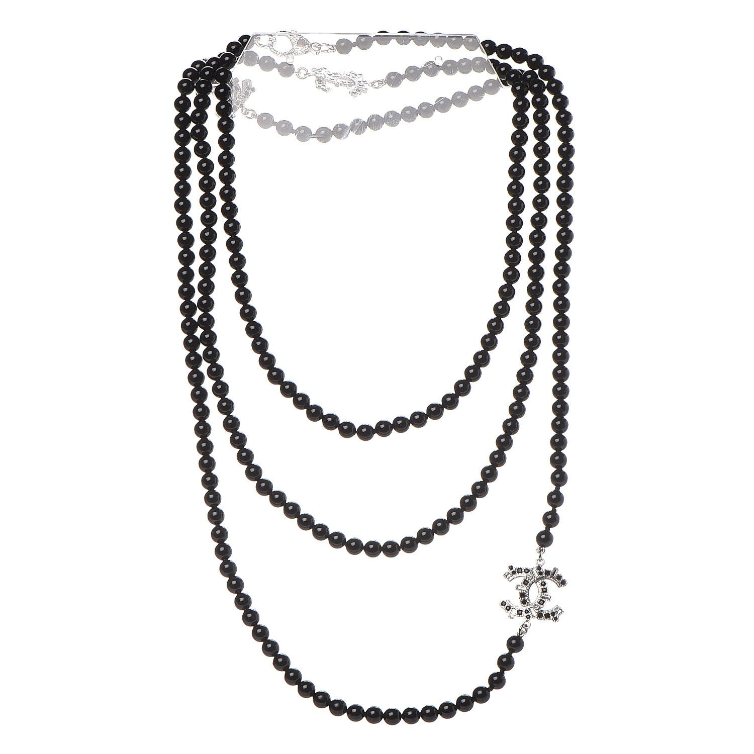 Chanel Baguette Crystal Beaded CC Long Necklace Black Silver 3 of 7