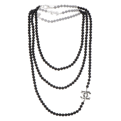 Chanel Baguette Crystal Beaded CC Long Necklace Black Silver 3 of 7