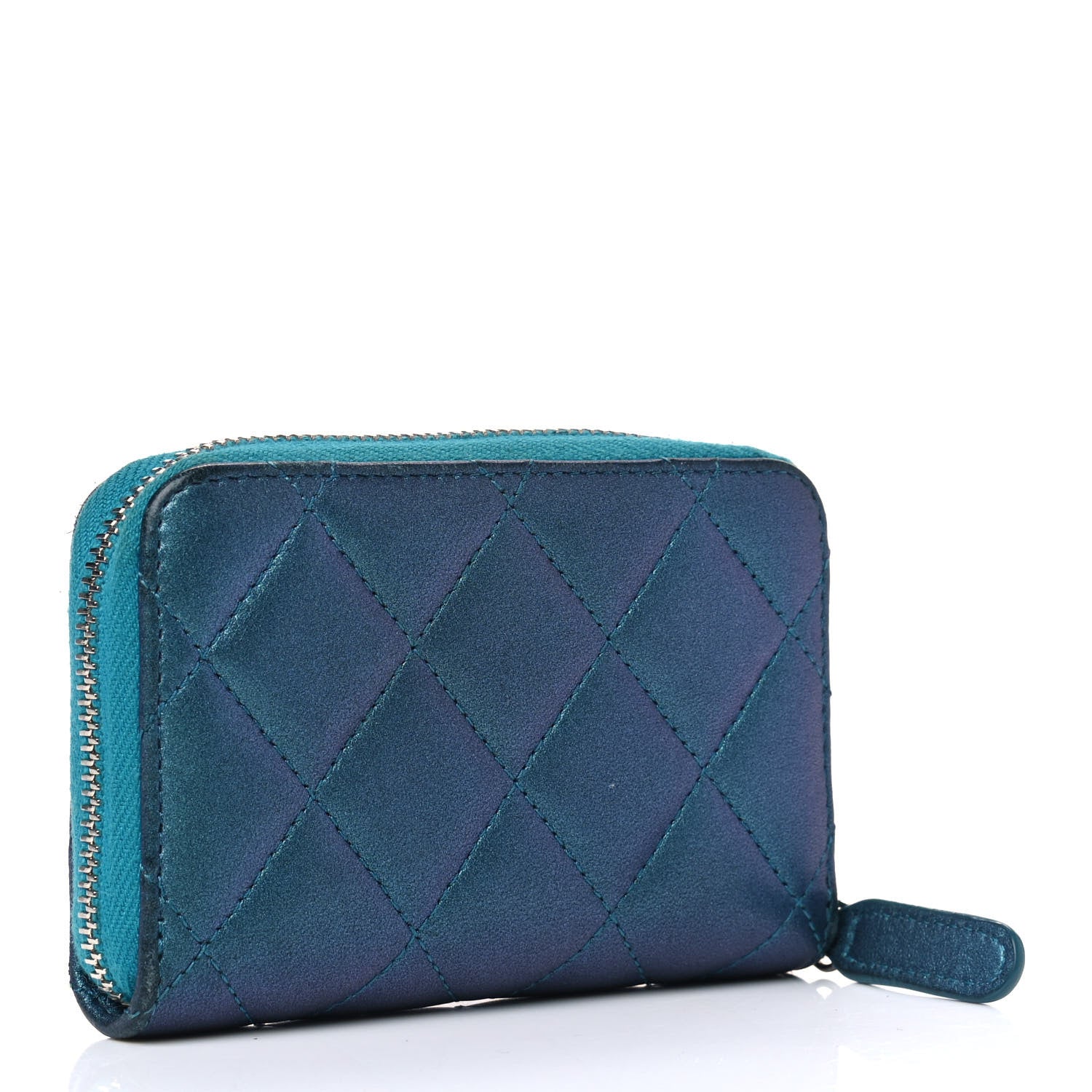 Chanel Metallic Lambskin Quilted Zip Around Coin Purse Wallet Turquoise 2 of 9