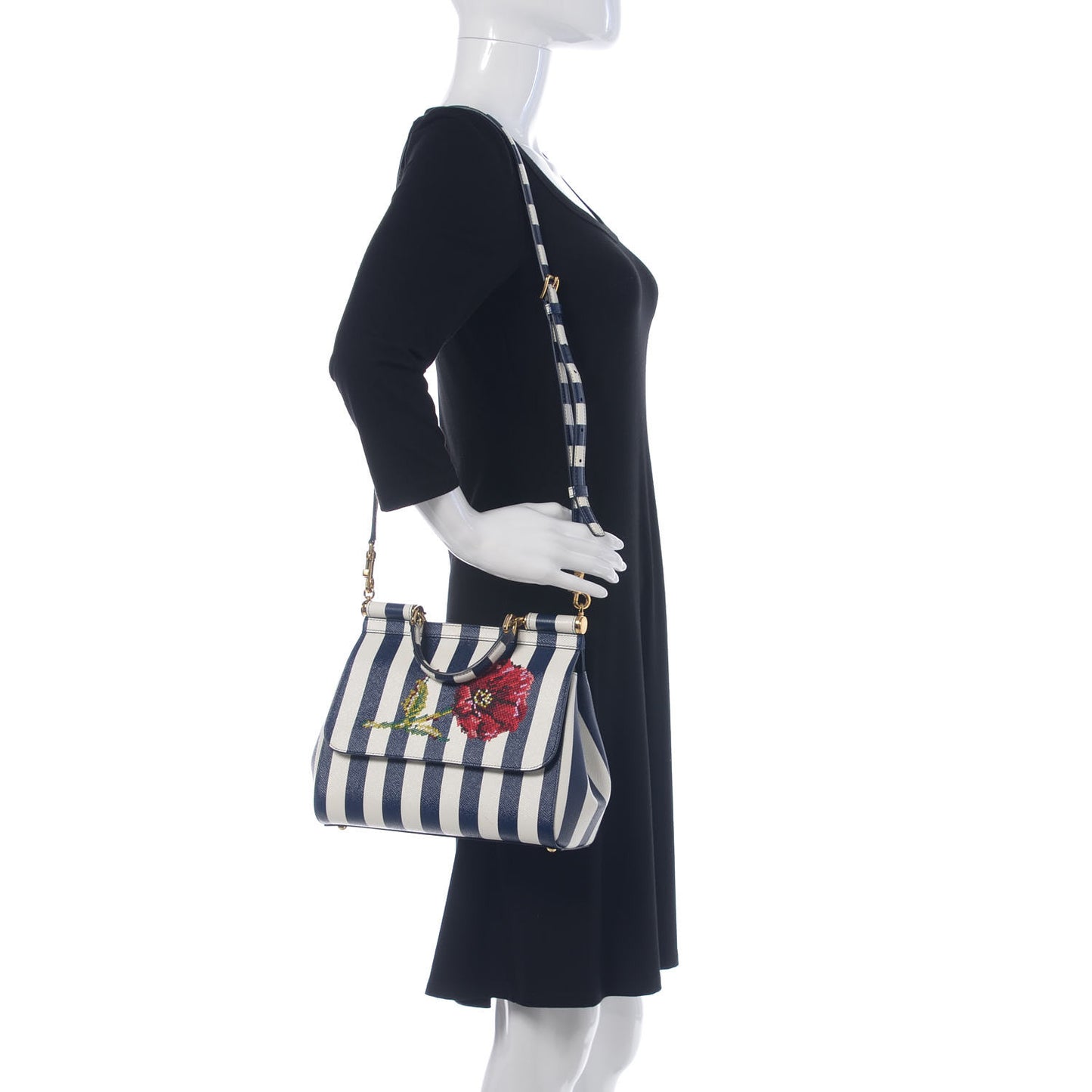 Dauphine Embroidered Striped Print Medium Miss Sicily Satchel White