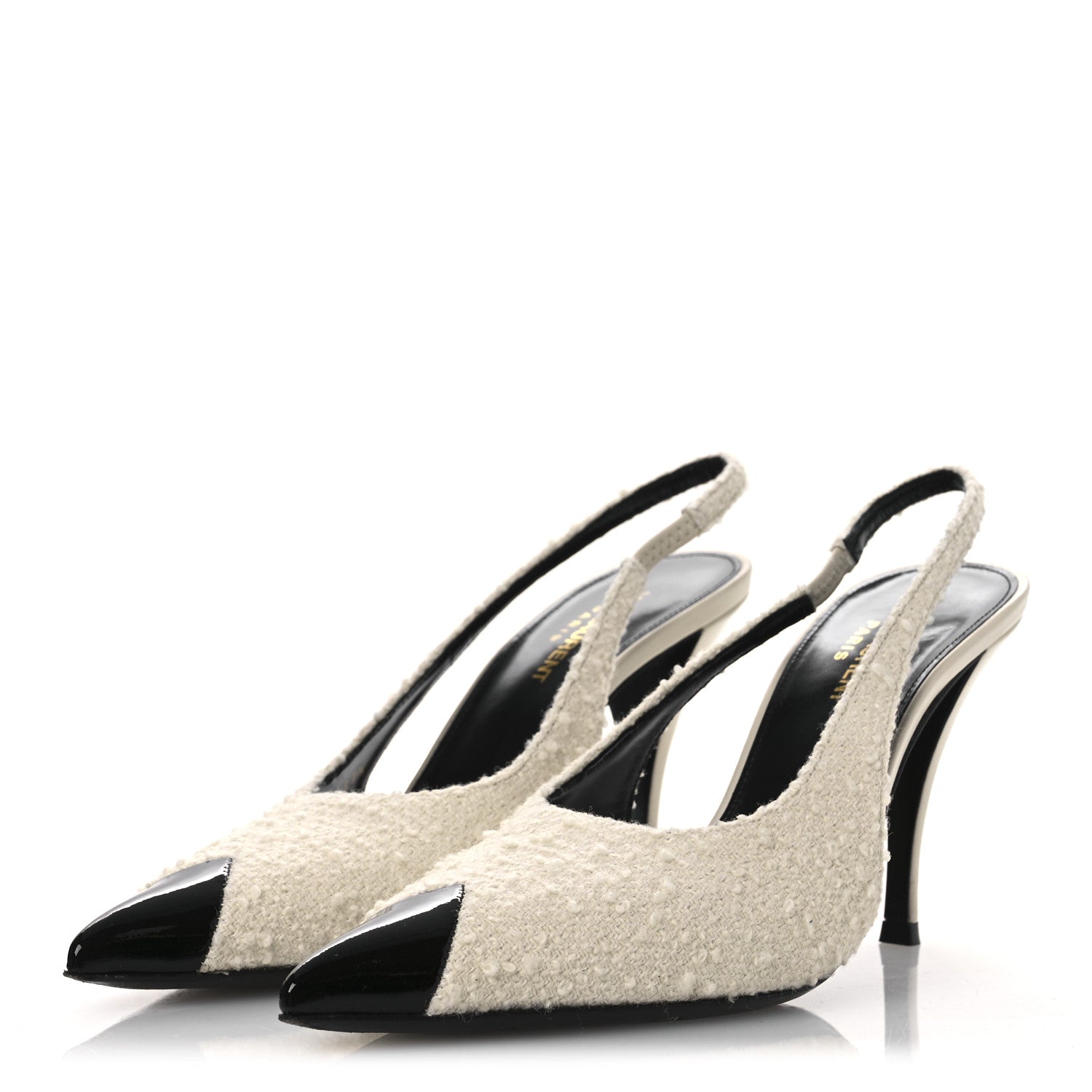 Saint Laurent Tweed Patent Cap Toe Vesper Slingback Pumps 37.5 White 4 of 11