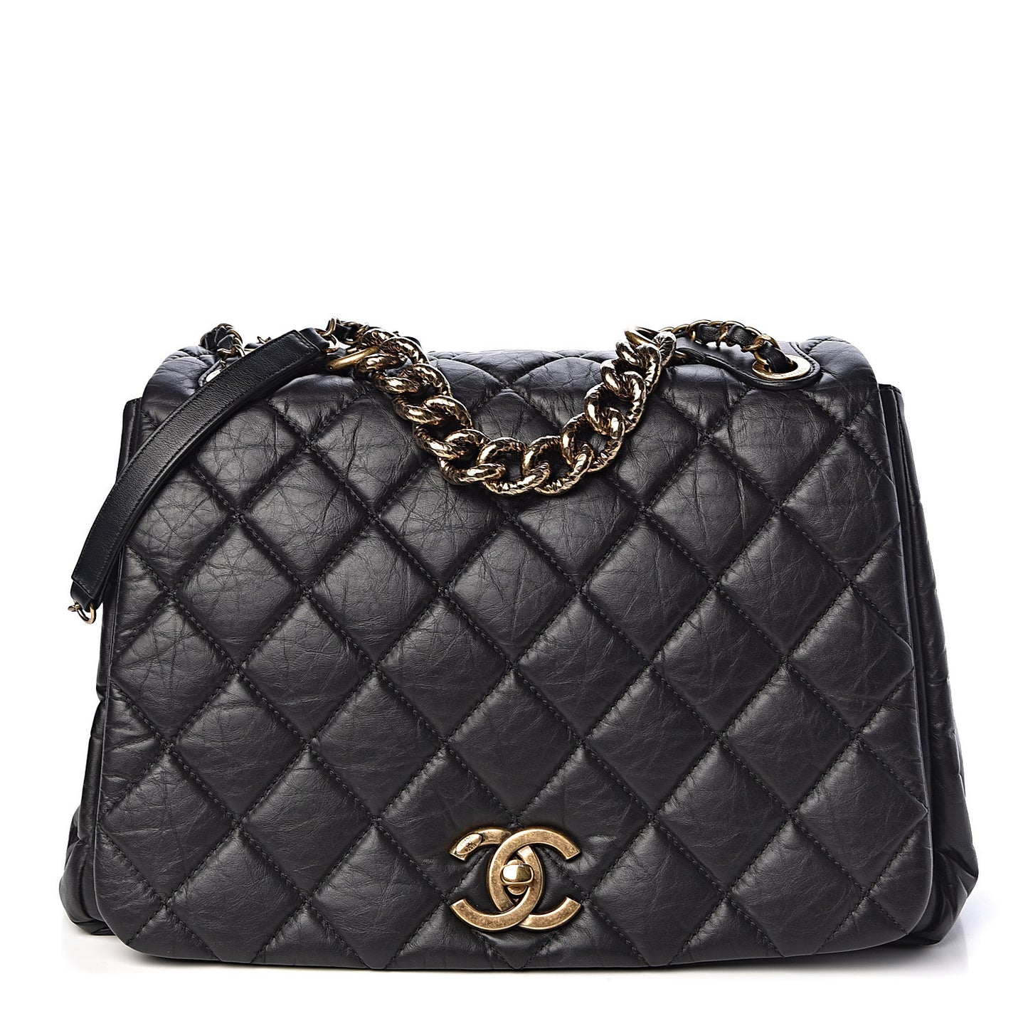 Aged Calfskin Quilted Large Pondichery Flap Black