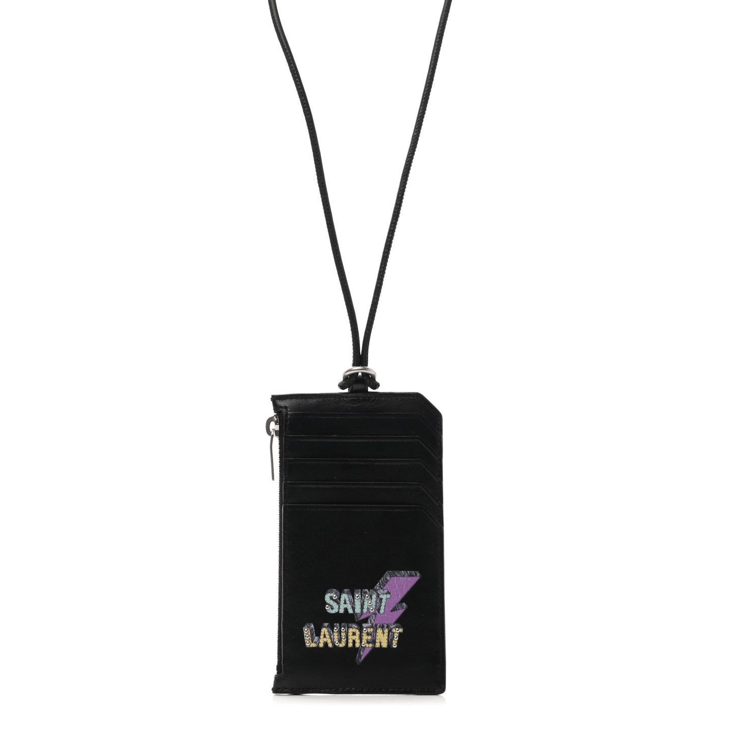 Calfskin Eclair Fragments Studded Zip Pouch Card Holder Black