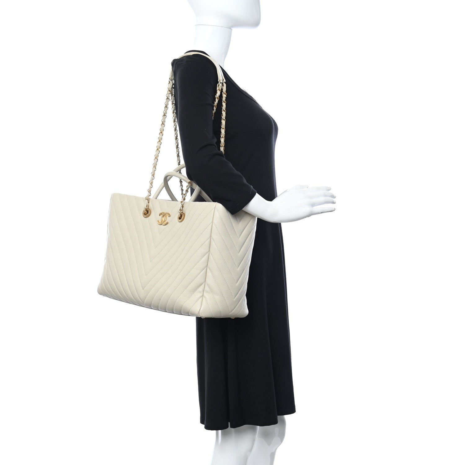 Chanel Caviar Chevron Quilted Coco Handle Shopping Tote Ivory 2 of 14