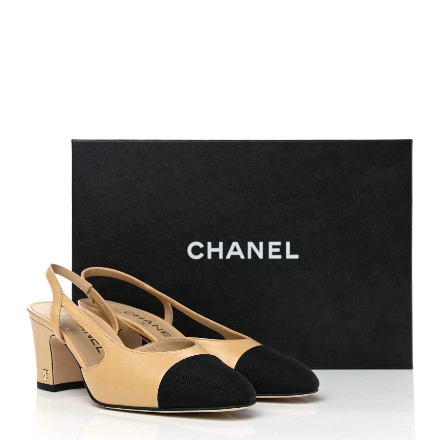 Goatskin Grosgrain Cap Toe CC Slingback Pumps 35 Beige Black