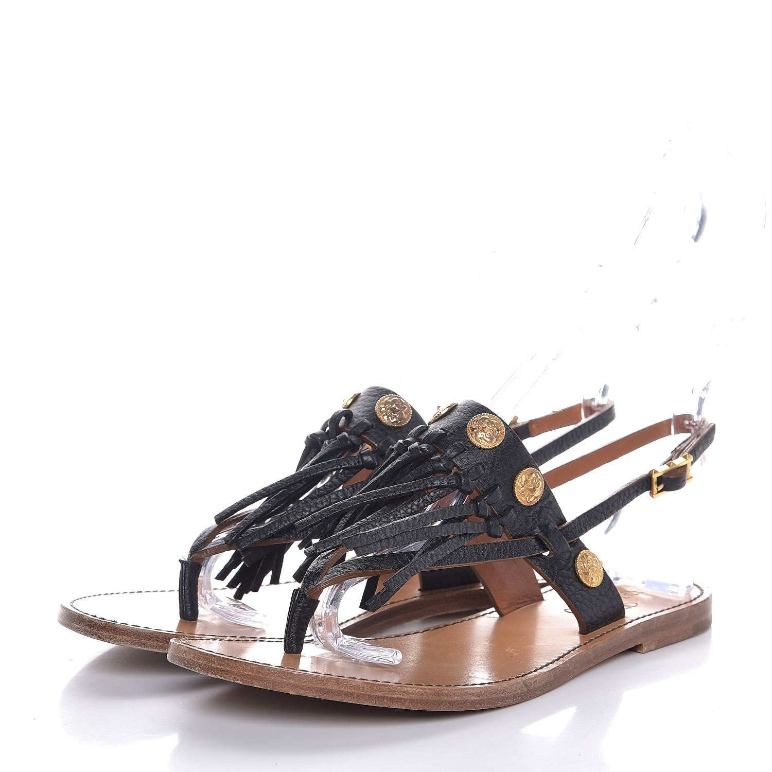 Valentino Garavani Pebbled Calfskin Fringe Coin Slingback Flat Thong Sandals 37 Black 3 of 11