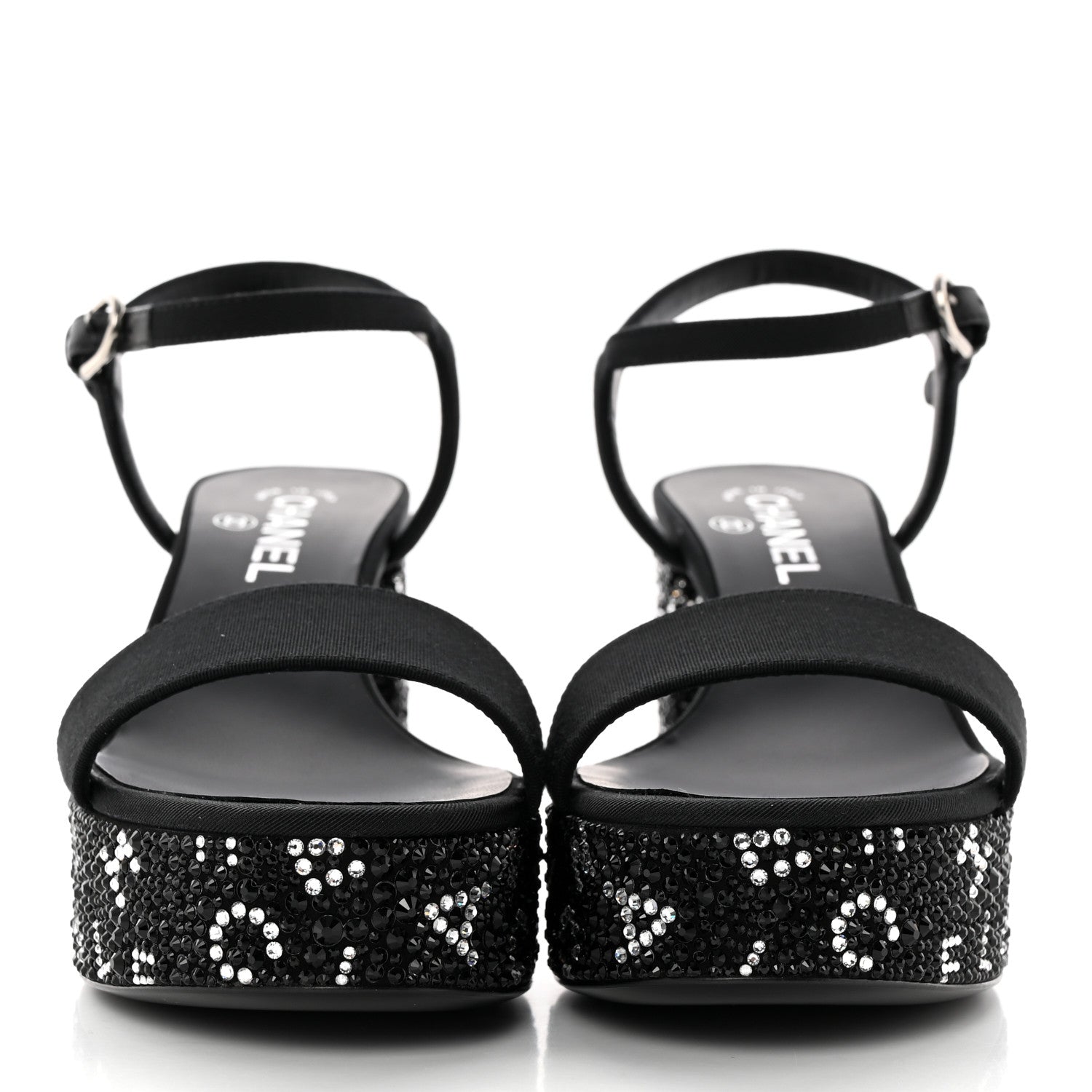 Chanel Grosgrain Strass Logo Platform Sandals 39 Black Silver 2 of 11