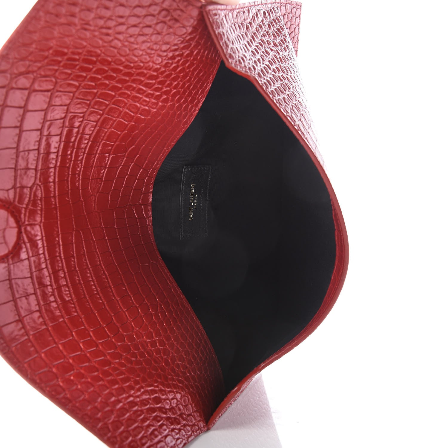 Saint Laurent Calfskin Crocodile Embossed Uptown Monogram Clutch Rouge Eros 5 of 7