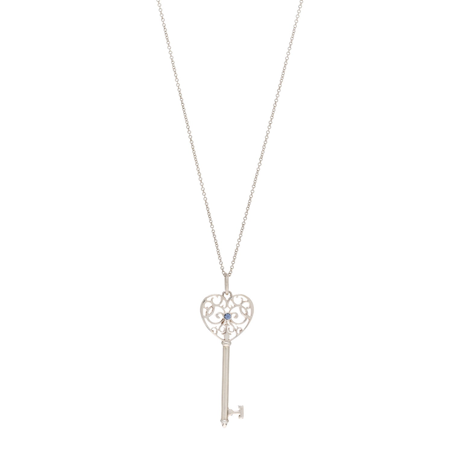 Tiffany Sterling Silver Blue Sapphire Enchant Heart Key Pendant Necklace 1 of 4