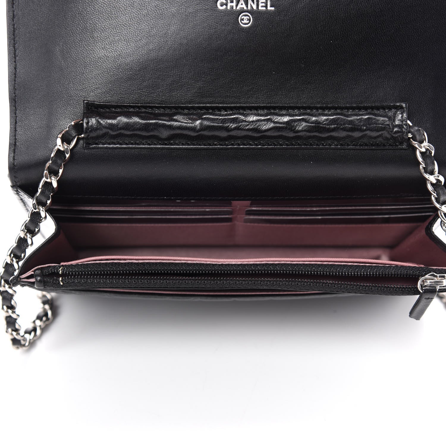 Chanel Lambskin Camellia Embossed Wallet on Chain WOC Black 5 of 12