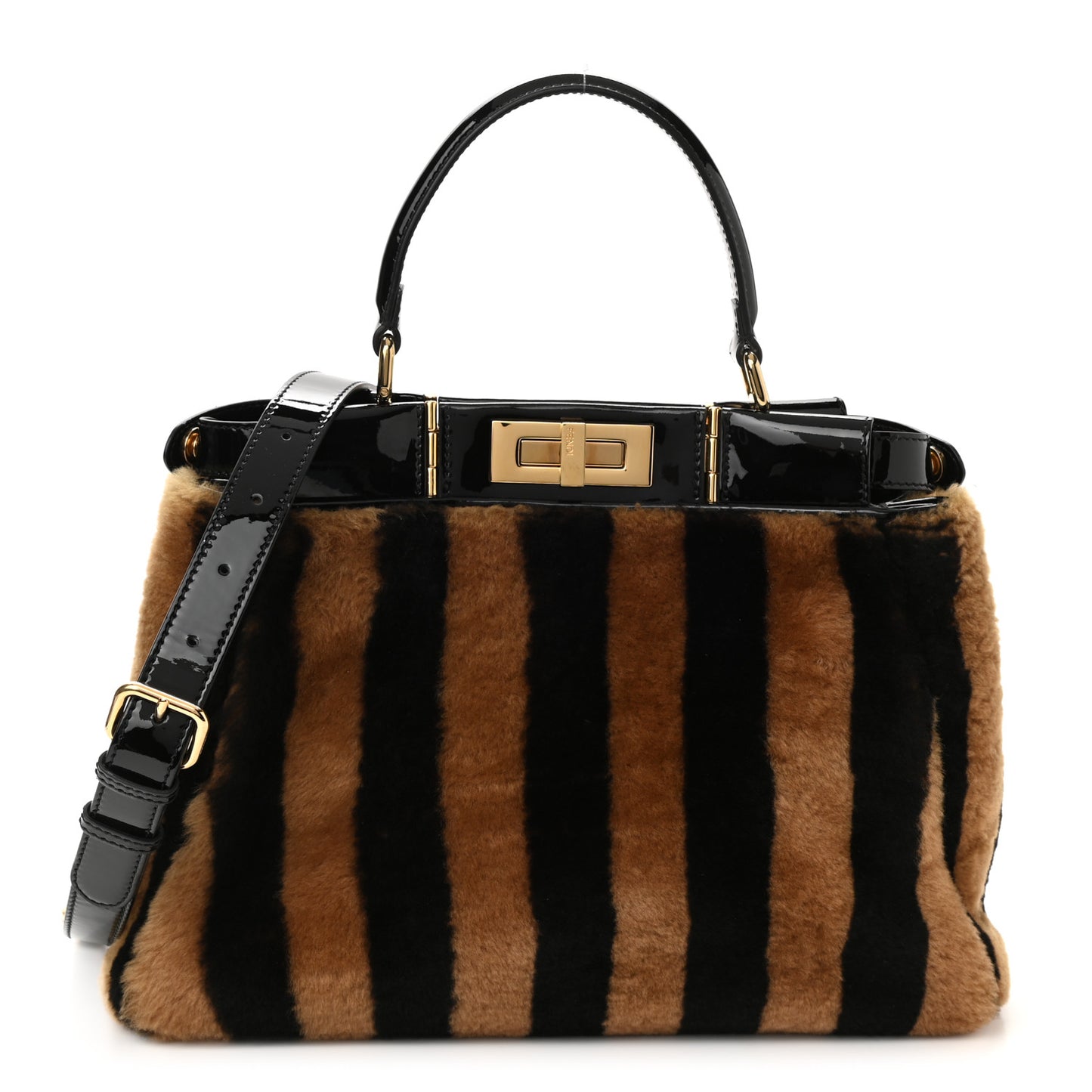 Shearling Vitello Vernice Mou Pequin Striped Medium Peekaboo Iconic Satchel Tobacco Black