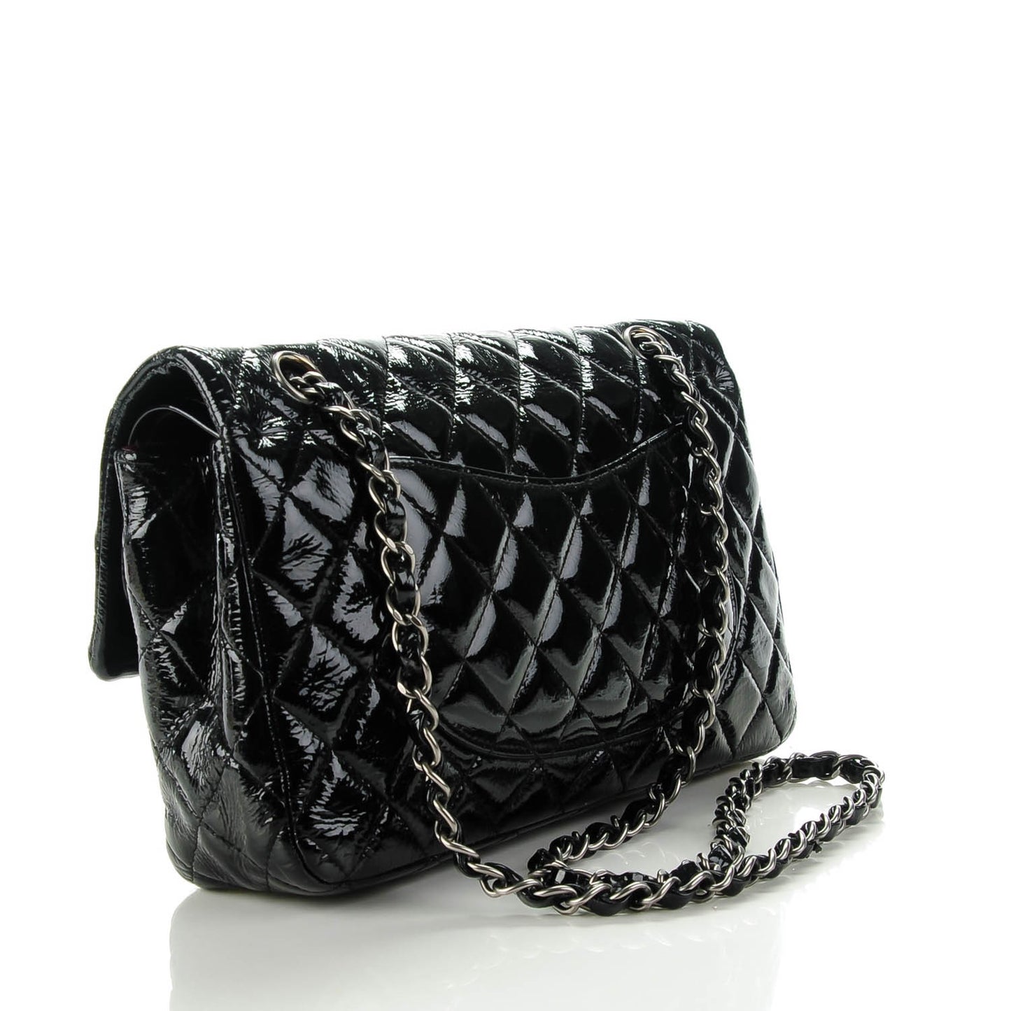 Distressed Patent Quilted Medium Double Flap Black