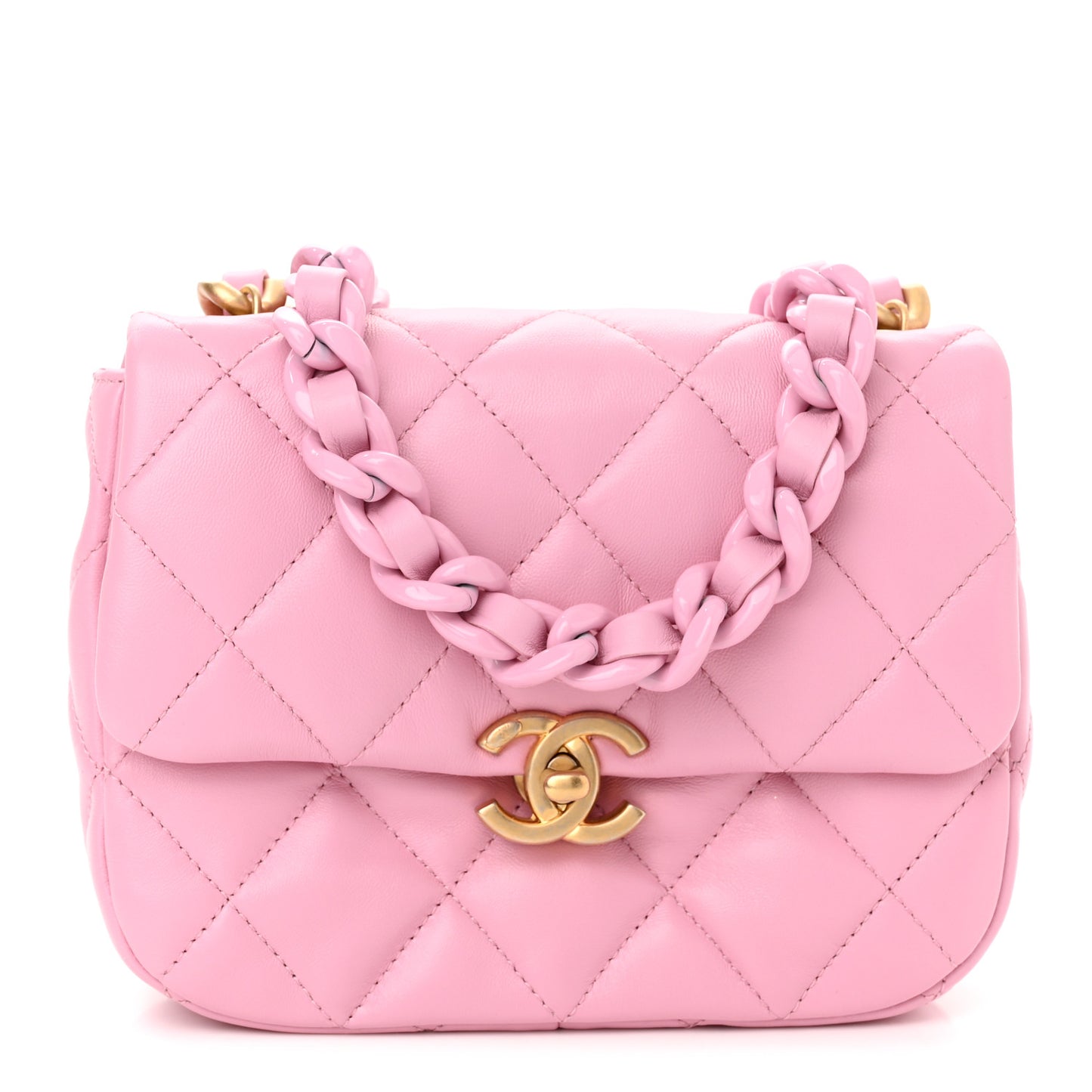 Lambskin Quilted Mini Lacquered Chain Flap Pink