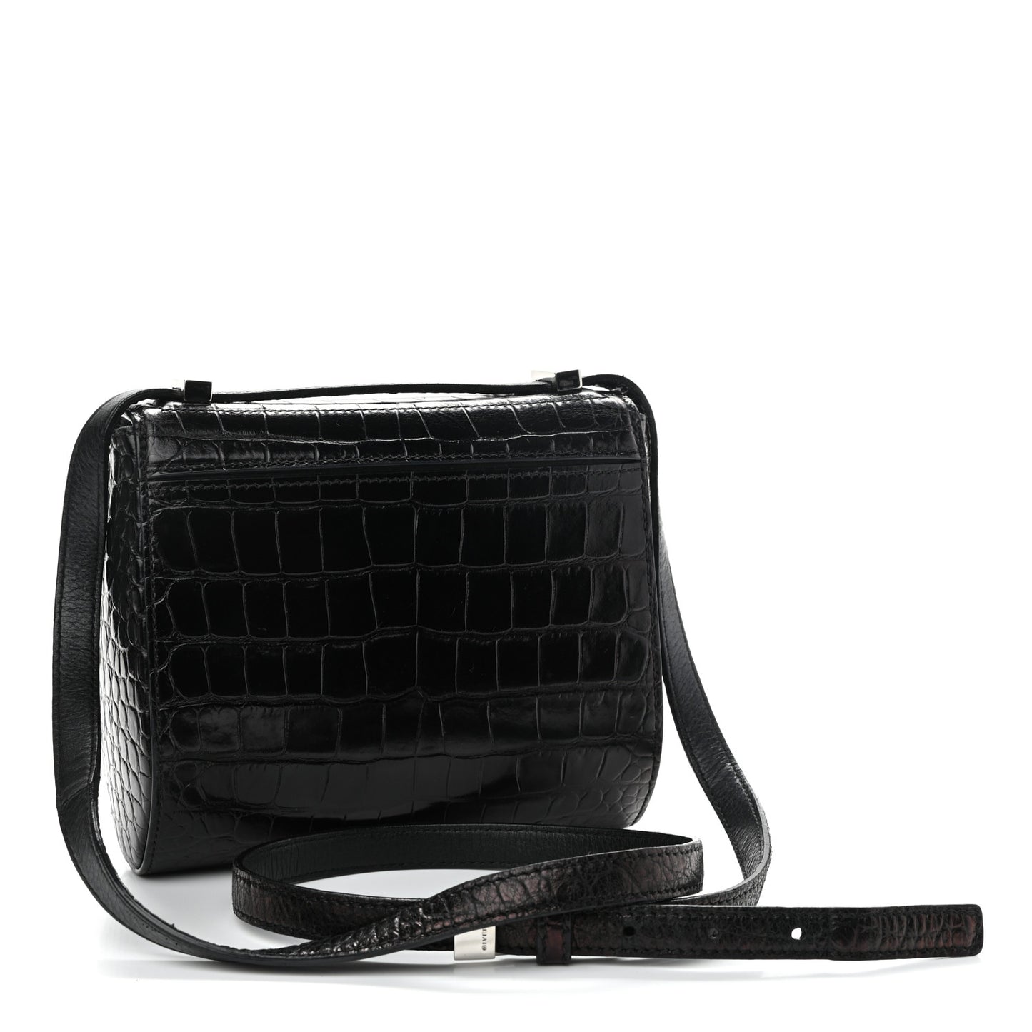 Calfskin Crocodile Embossed Mini Pandora Box Crossbody Bag Black