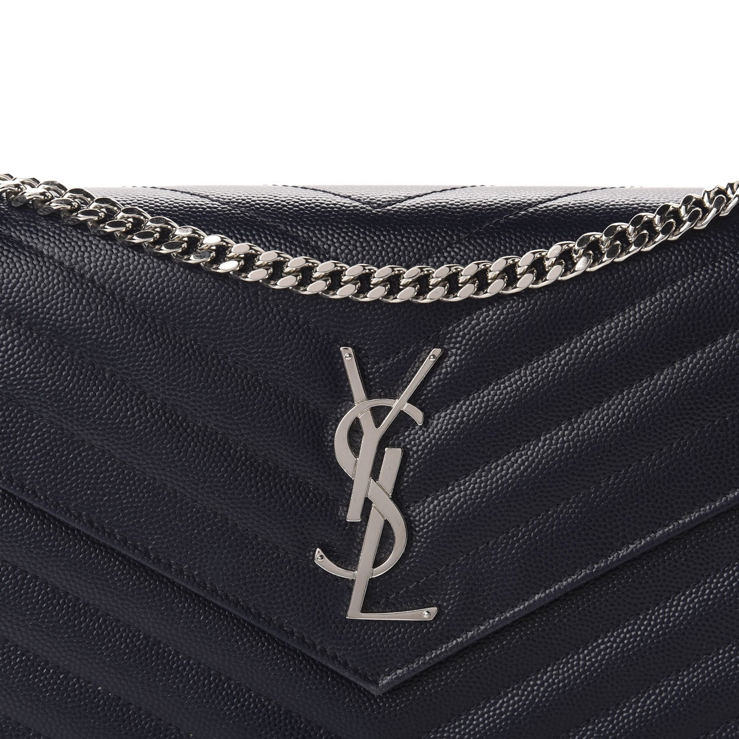 Saint Laurent Grain De Poudre Matelasse Chevron Monogram Chain Wallet Deep Marine 10 of 11