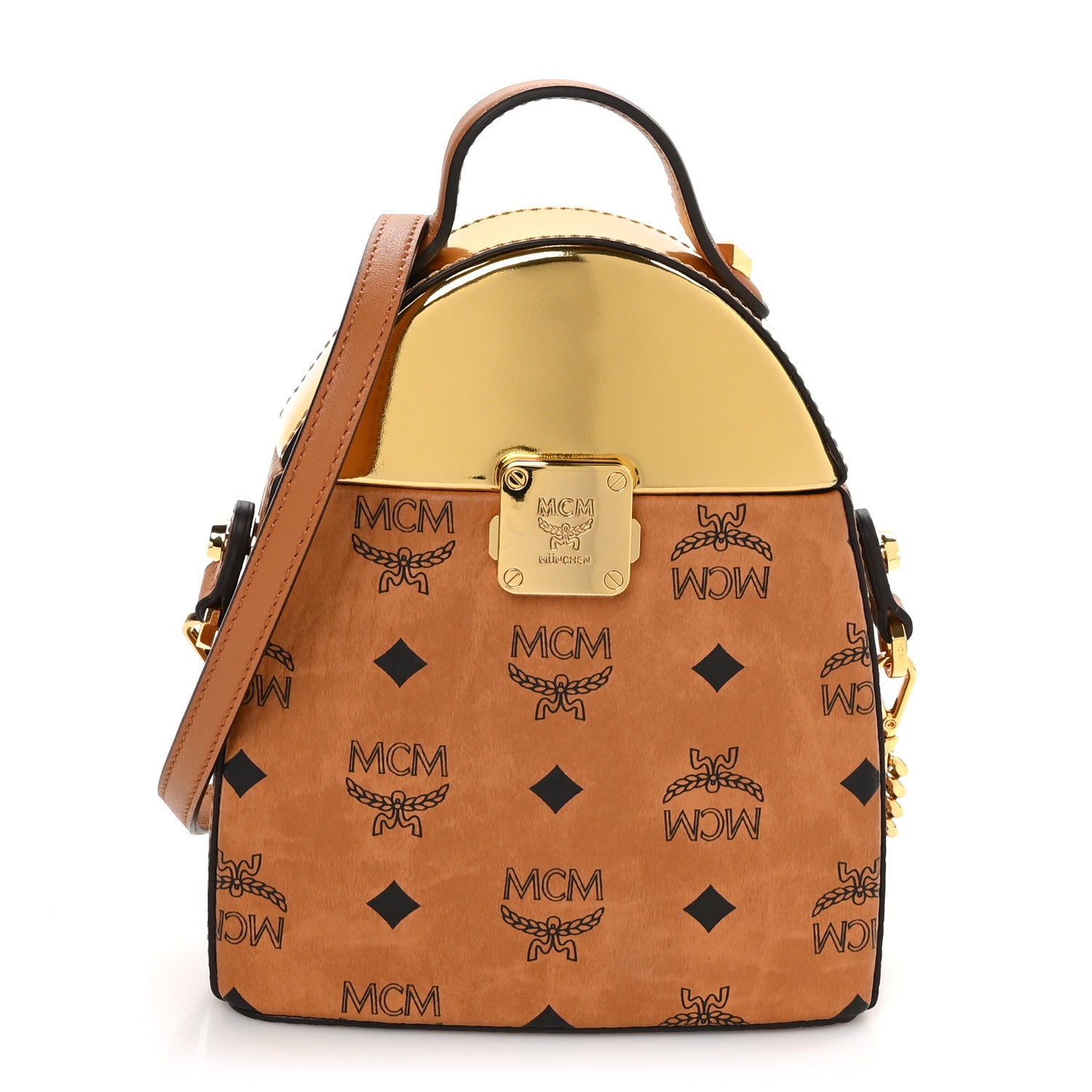 MCM Metallic Calfskin Visetos Stark Pushlock Clutch Cognac 1 of 9