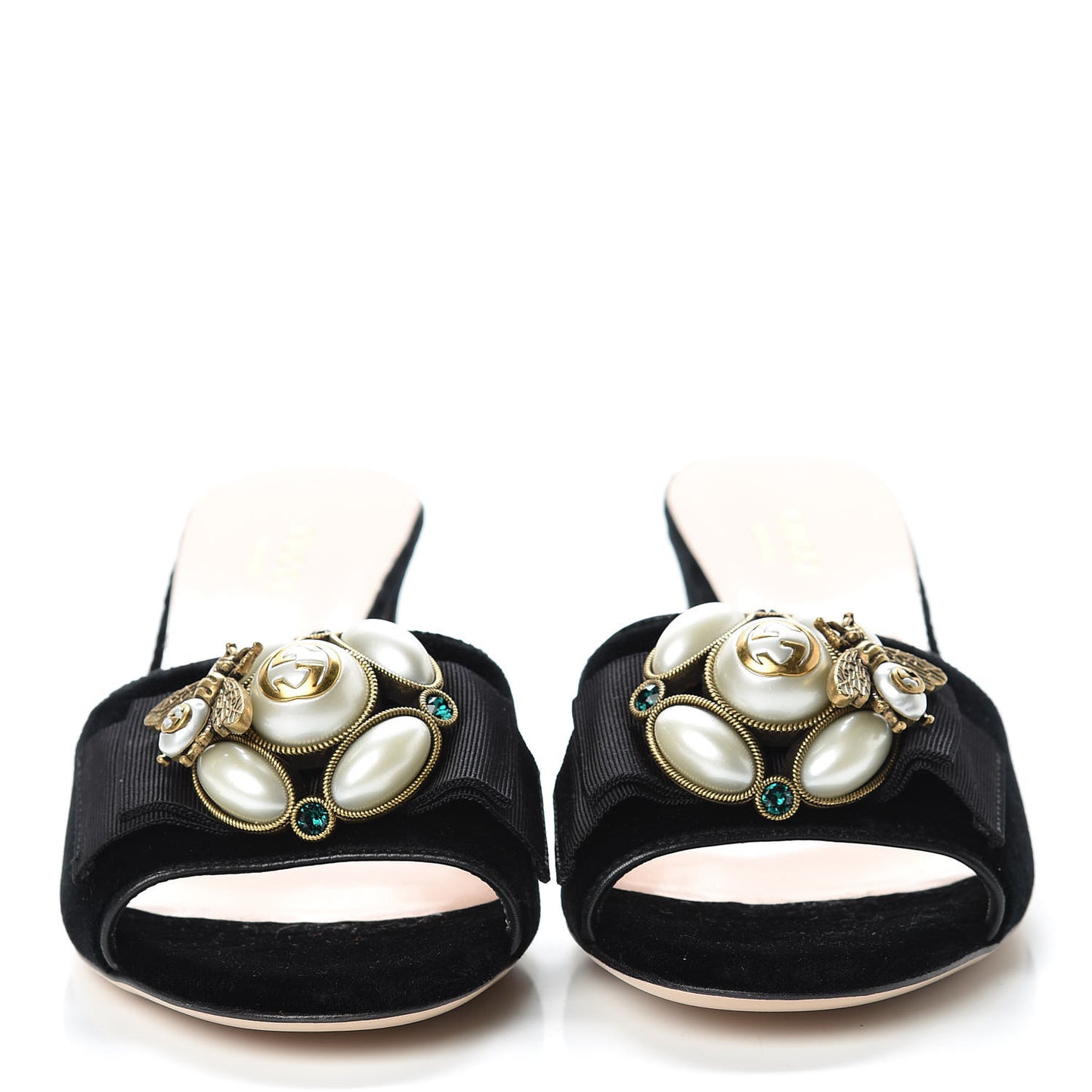 Velvet Etoile Pearl Embellished Mid Heel Slide Sandals 35.5 Black